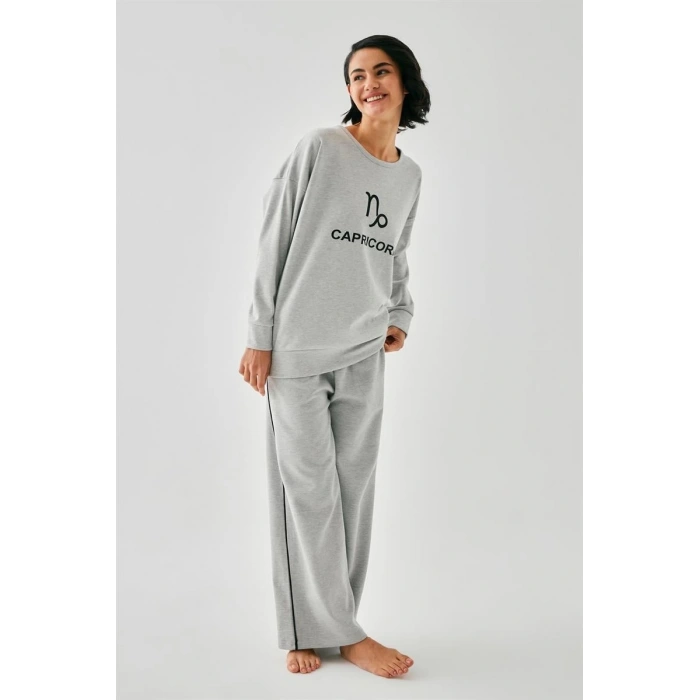 Moda Kadın Gri Oğlak Burcu Oversize 2 İplik Eşofman Ev Giyim Takımı