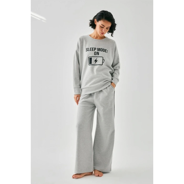 Moda Kadın Gri Sleep Mode ON Oversize 2 İplik Eşofman Ev Giyim Takımı
