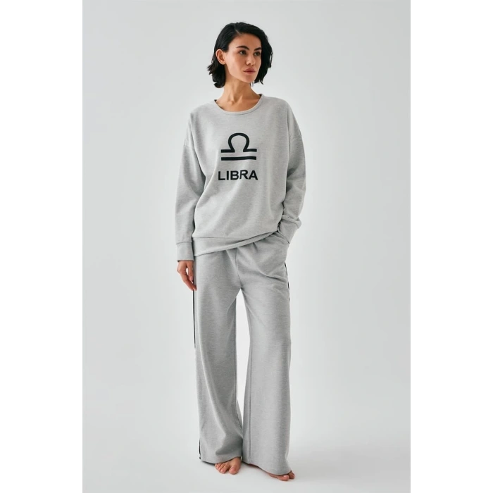 Moda Kadın Gri Terazi Burcu Oversize 2 İplik Eşofman Ev Giyim Takımı