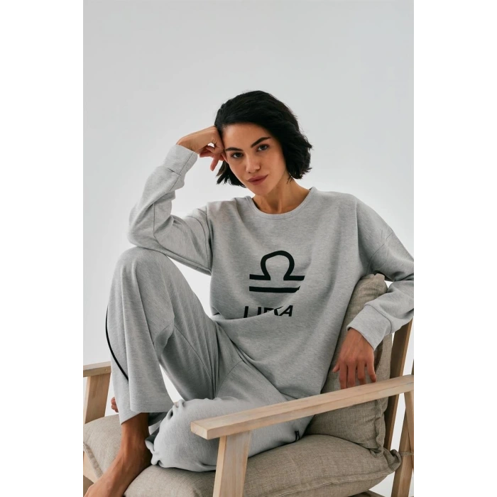 Moda Kadın Gri Terazi Burcu Oversize 2 İplik Eşofman Ev Giyim Takımı
