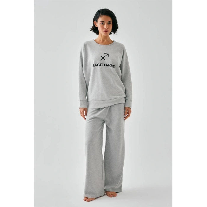 Moda Kadın Gri Yay Burcu Oversize 2 İplik Eşofman Ev Giyim Takımı