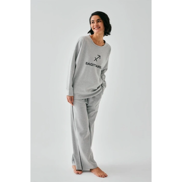 Moda Kadın Gri Yay Burcu Oversize 2 İplik Eşofman Ev Giyim Takımı