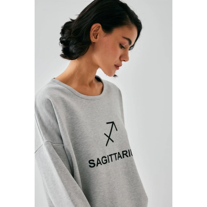 Moda Kadın Gri Yay Burcu Oversize 2 İplik Eşofman Ev Giyim Takımı