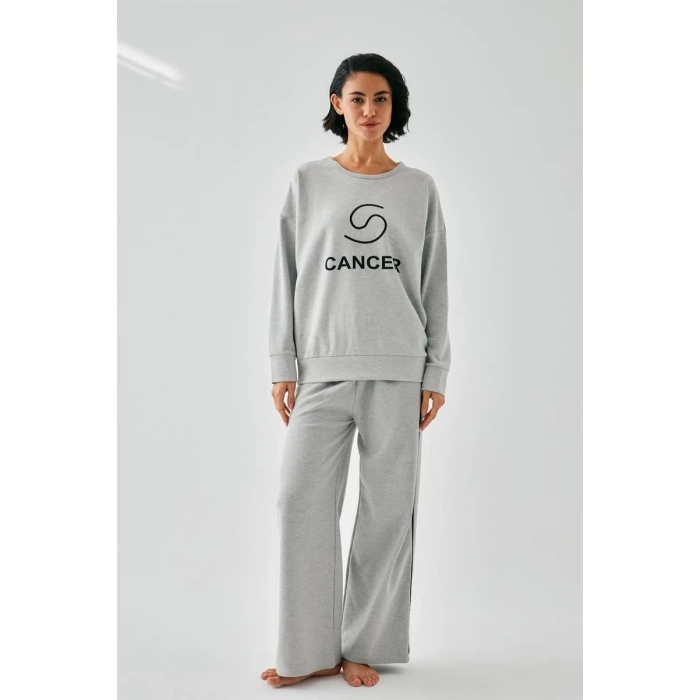 Moda Kadın Gri Yengeç Burcu Oversize 2 İplik Eşofman Ev Giyim Takımı