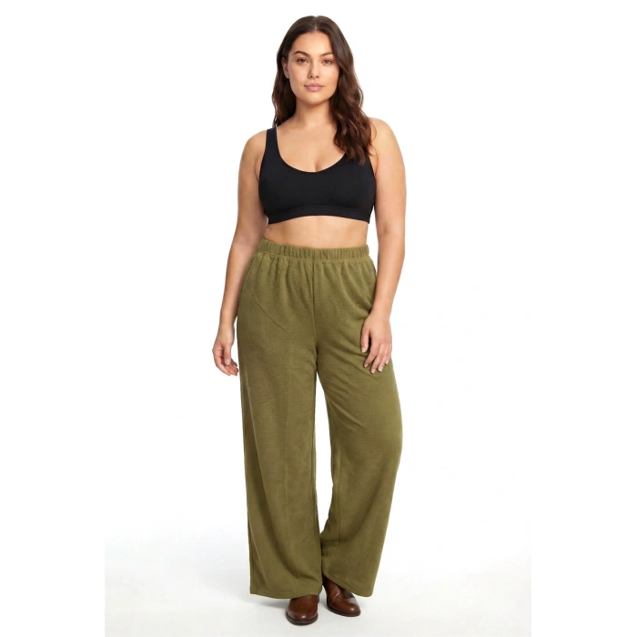 Moda Kadın Haki Dokulu Büyük Beden Cepli Pijama Altı