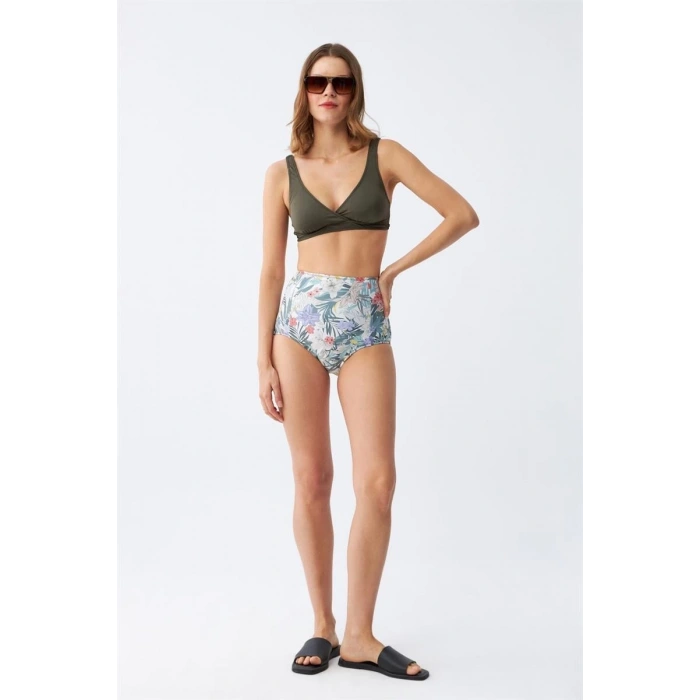 Moda Kadın Haki Pedli Üst ve Yüksek Bel Çiçek Desenli Bikini Takımı