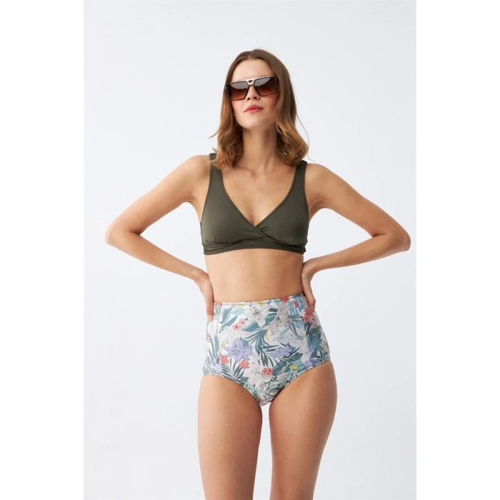 Moda Kadın Haki Pedli Üst ve Yüksek Bel Çiçek Desenli Bikini Takımı