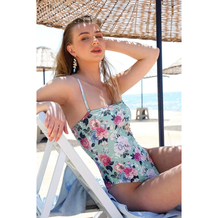 Moda Kadın İp Askılı Çiçek Desenli Straplez Mayo Su Yeşili