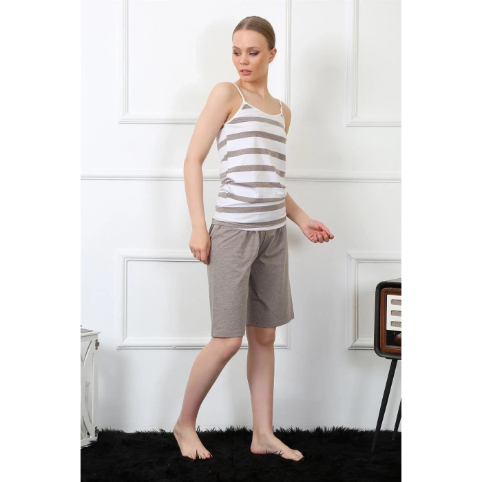 Moda Kadın İp Askılı Kapri Takım Vizon