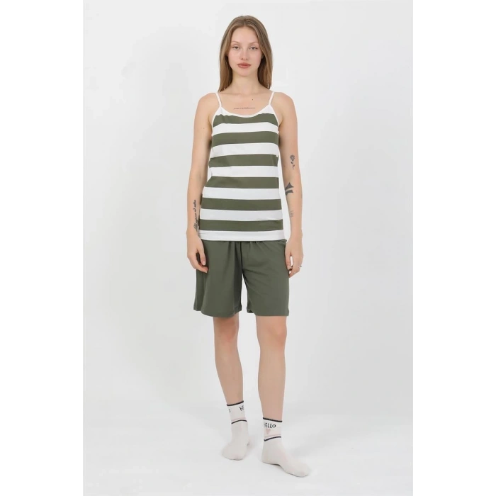 Moda Kadın İp Askılı Pamuk Penye Şortlu Takım Haki