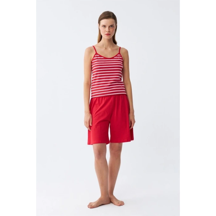 Moda Kadın İp Askılı Pamuk Penye Şortlu Takım Kırmızı