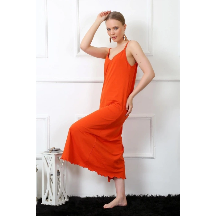 Moda Kadın İp Askılı Turuncu Uzun Gecelik