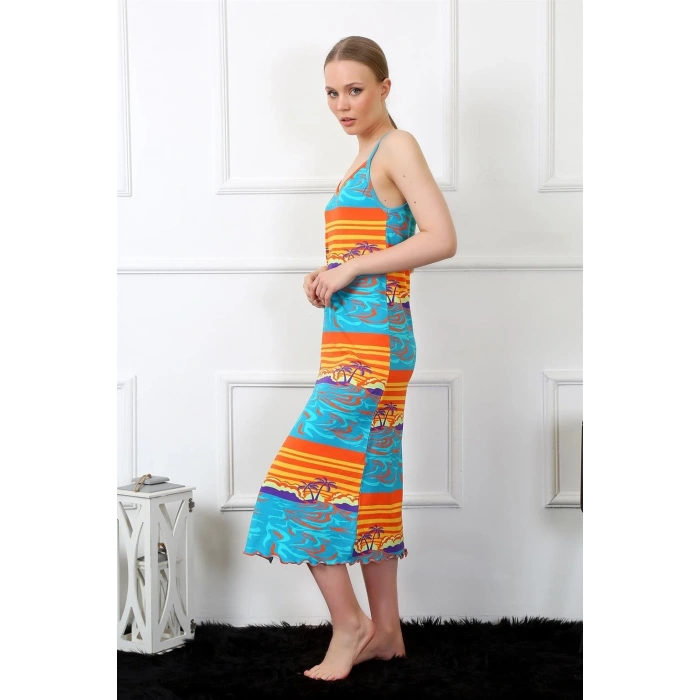 Moda Kadın İp Askılı Uzun Gecelik Mavi