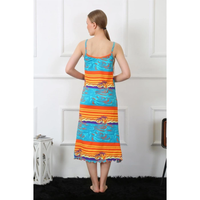 Moda Kadın İp Askılı Uzun Gecelik Mavi