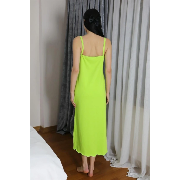 Moda Kadın İp Askılı Uzun Yırtmaçlı Pamuk Penye Gecelik Yeşil