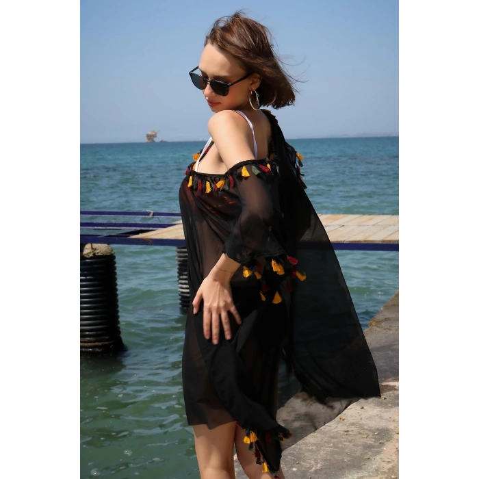 Moda Kadın İşlemeli Tunik Pareo Plaj Elbisesi Siyah