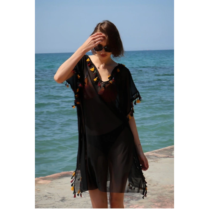 Moda Kadın İşlemeli Tunik Pareo Plaj Elbisesi Siyah