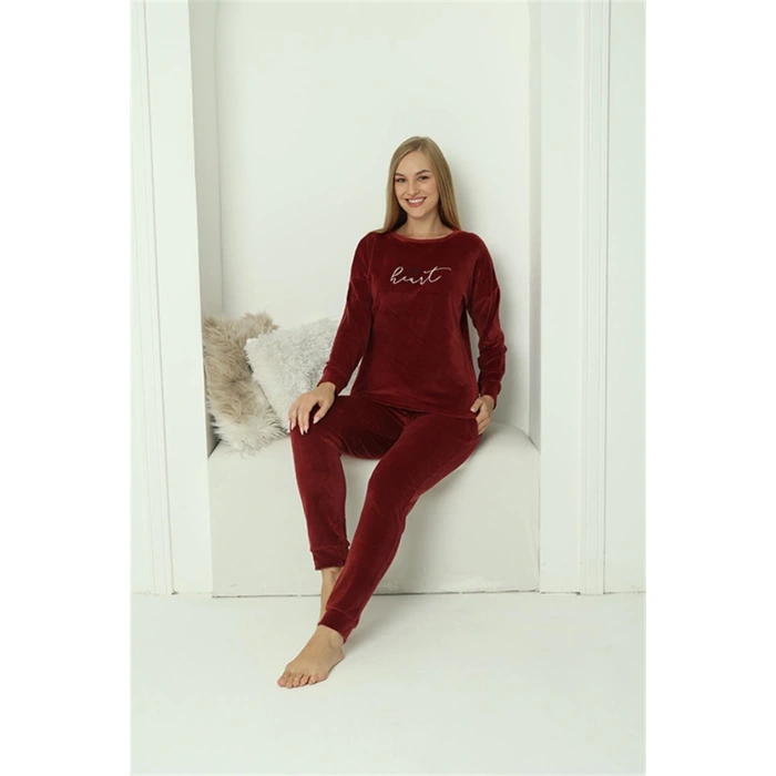 Moda Kadın Kadife Bordo Pijama Takım