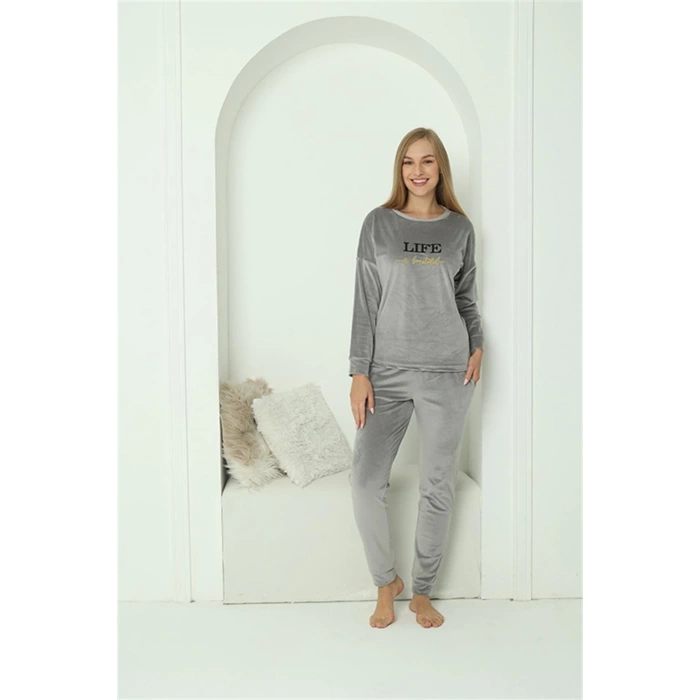Moda Kadın Kadife Gri Pijama Takım