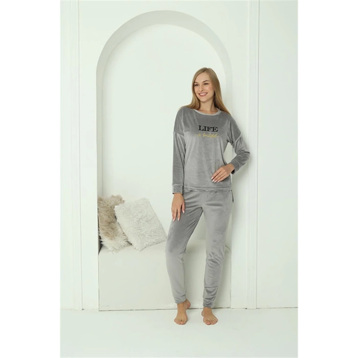 Moda Kadın Kadife Gri Pijama Takım