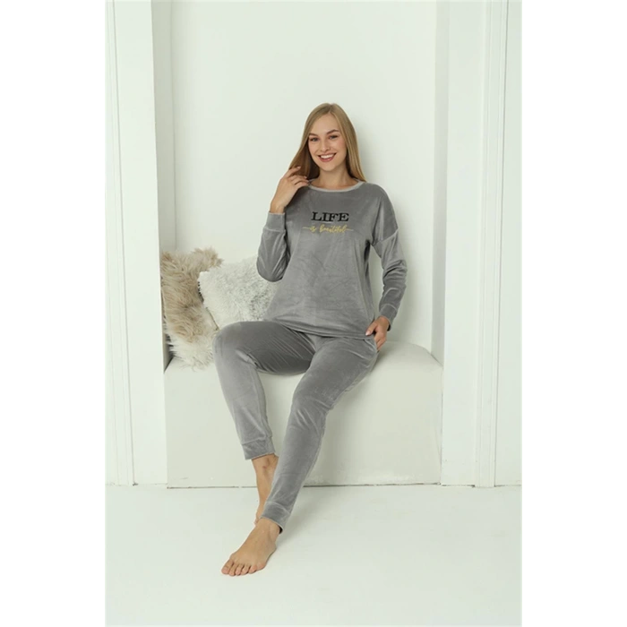 Moda Kadın Kadife Gri Pijama Takım