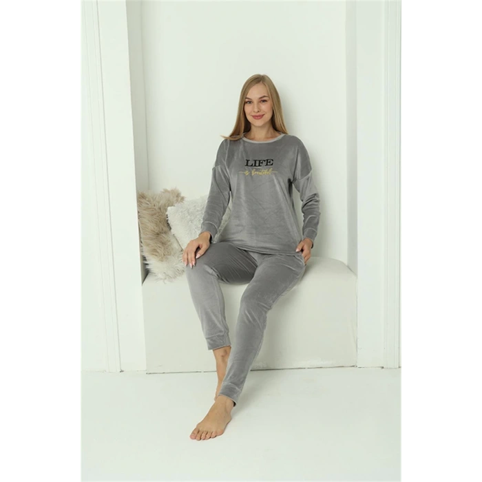 Moda Kadın Kadife Gri Pijama Takım