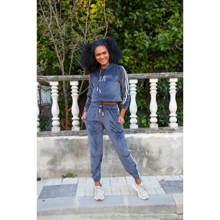 Moda Kadın Kadife Kapşonlu Eşofman Takım Gri