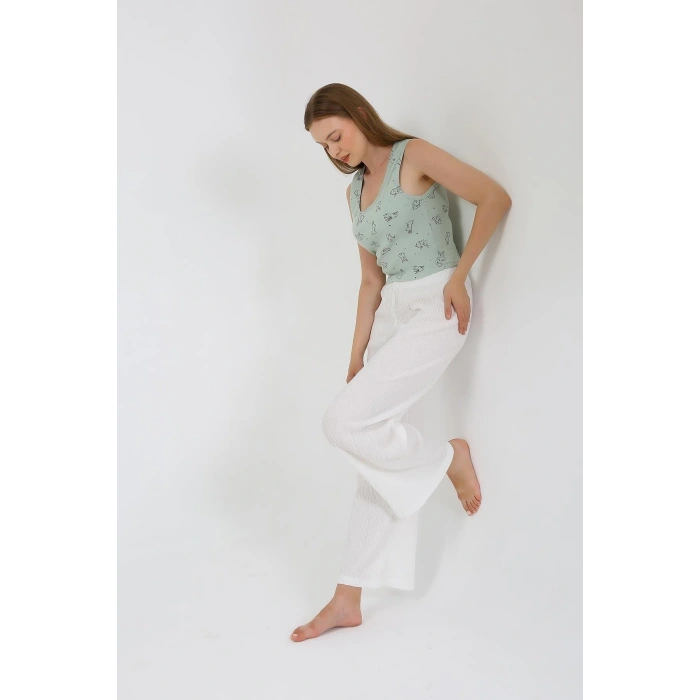 Moda Kadın Kalın Askılı Body Bol Paça Pantolon 2`li Takım Beyaz