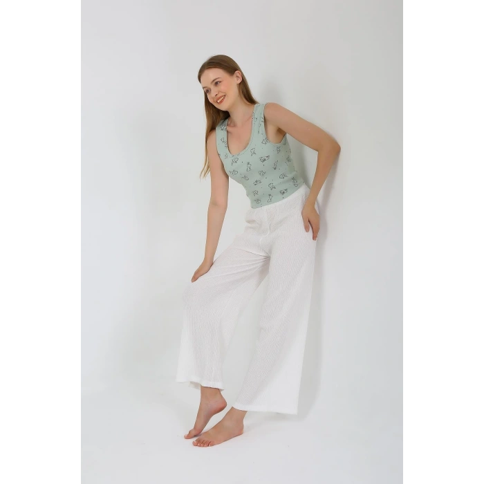 Moda Kadın Kalın Askılı Body Bol Paça Pantolon 2`li Takım Beyaz