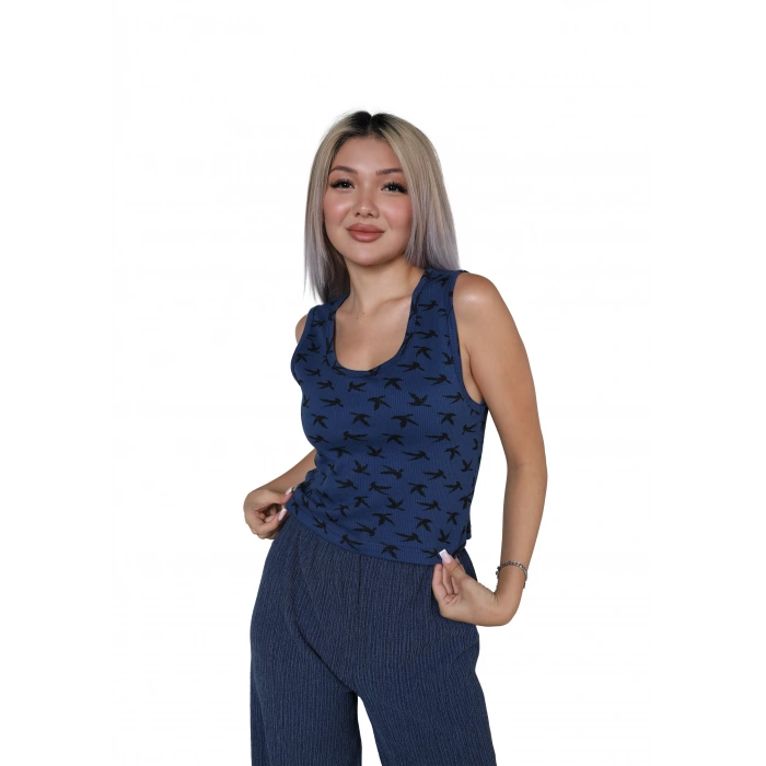Moda Kadın Kalın Askılı Body Bol Paça Pantolon 2`li Takım Lacivert