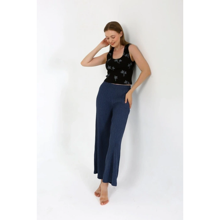 Moda Kadın Kalın Askılı Body Bol Paça Pantolon 2`li Takım Siyah