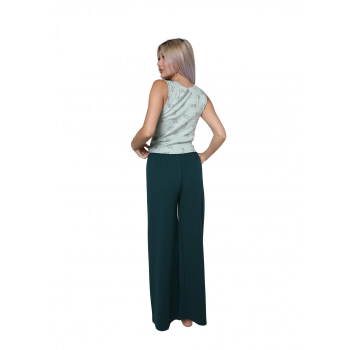 Moda Kadın Kalın Askılı Body Bol Paça Pantolon 2`li Takım Su Yeşili