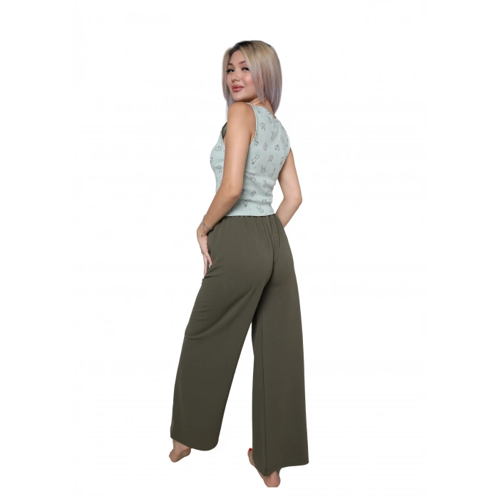 Moda Kadın Kalın Askılı Body Bol Paça Pantolon 2`li Takım Su Yeşili