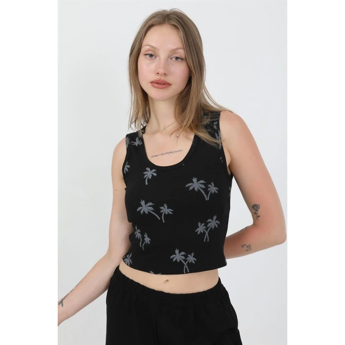 Moda Kadın Kalın Askılı Pamuk Penye Şortlu Crop Takım Siyah