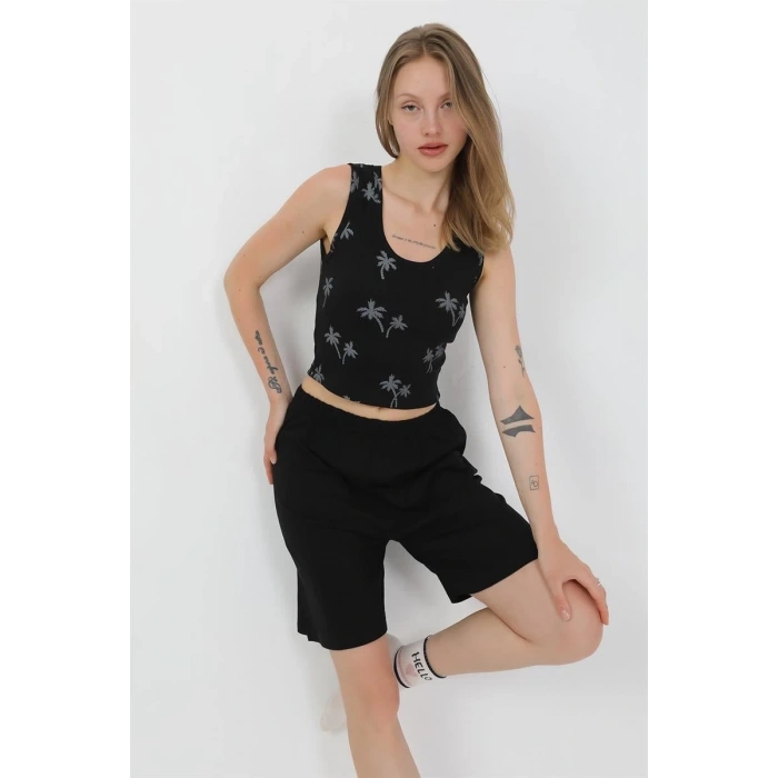 Moda Kadın Kalın Askılı Pamuk Penye Şortlu Crop Takım Siyah