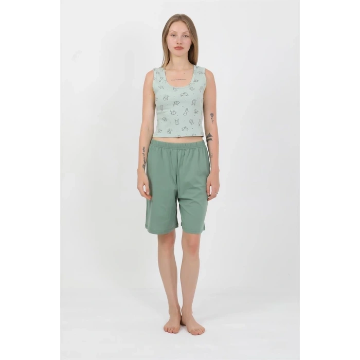 Moda Kadın Kalın Askılı Pamuk Penye Şortlu Crop Takım SuYeşili