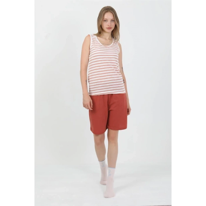 Moda Kadın Kalın Askılı Pamuk Penye Şortlu Takım Turuncu