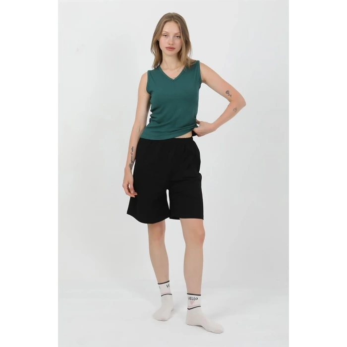 Moda Kadın Kalın Askılı Pamuk Penye Şortlu Takım Yeşil