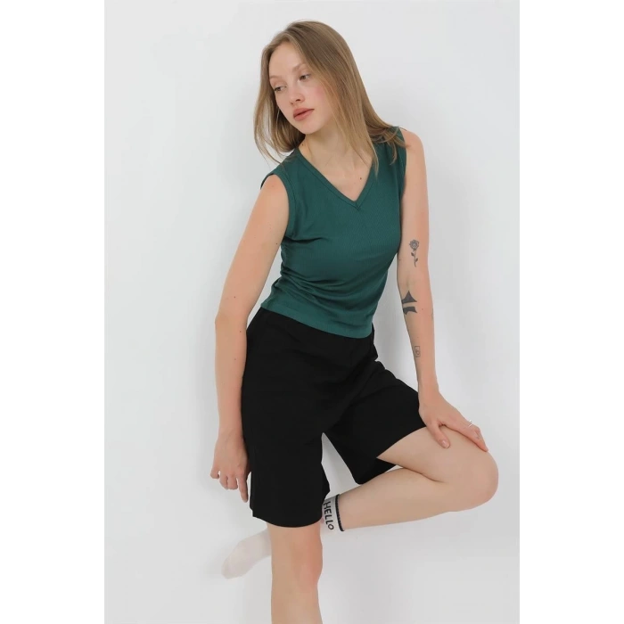 Moda Kadın Kalın Askılı Pamuk Penye Şortlu Takım Yeşil