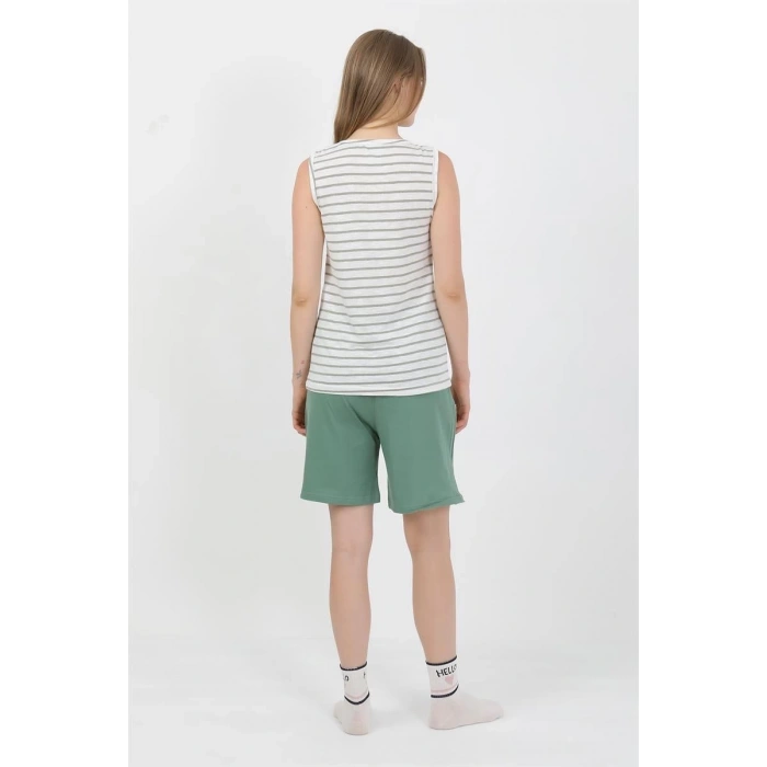 Moda Kadın Kalın Askılı Pamuk Penye Şortlu Takım Yeşil