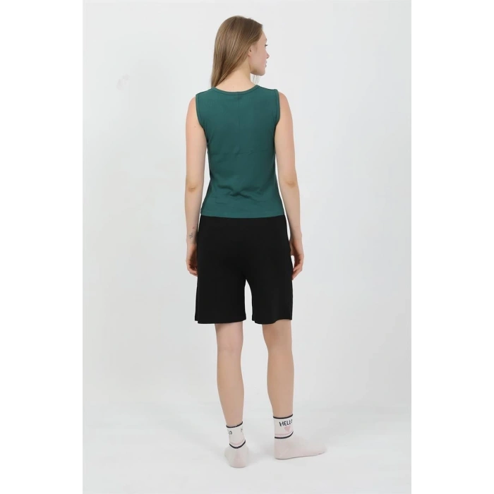 Moda Kadın Kalın Askılı Pamuk Penye Şortlu Takım Yeşil