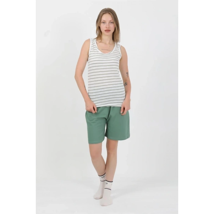 Moda Kadın Kalın Askılı Pamuk Penye Şortlu Takım Yeşil