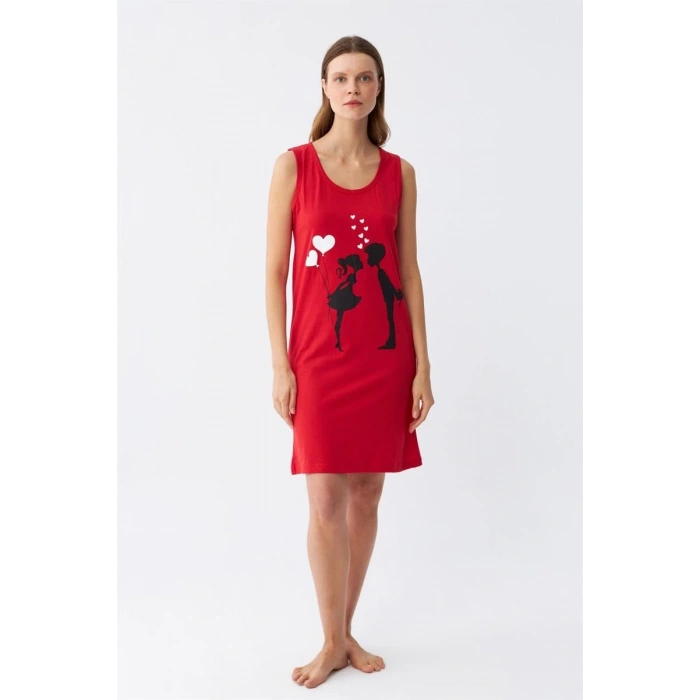 Moda Kadın Kalın Askılı Penye Diz Üstü Kırmızı Gecelik