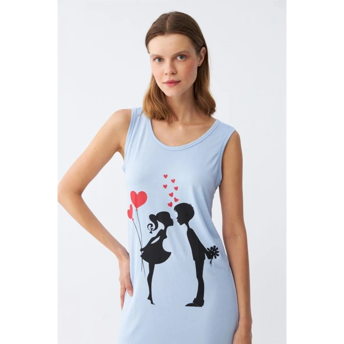 Moda Kadın Kalın Askılı Penye Diz Üstü Mavi Gecelik