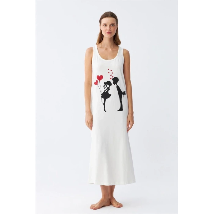 Moda Kadın Kalın Askılı Penye Uzun Ekru Gecelik