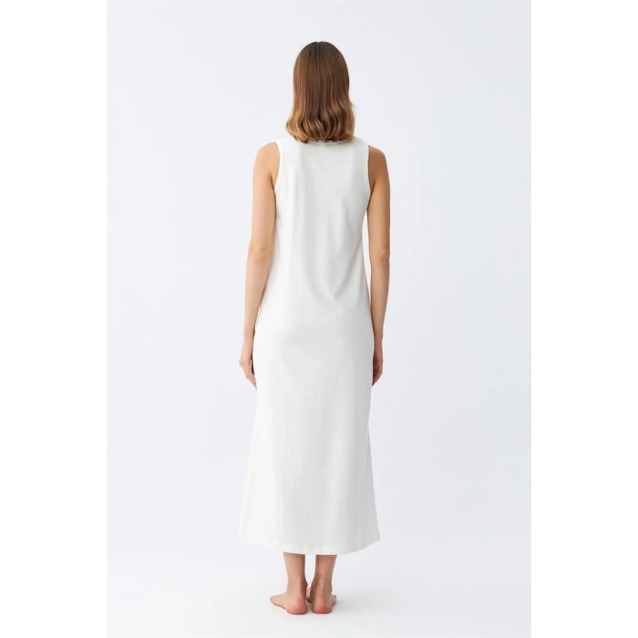 Moda Kadın Kalın Askılı Penye Uzun Ekru Gecelik