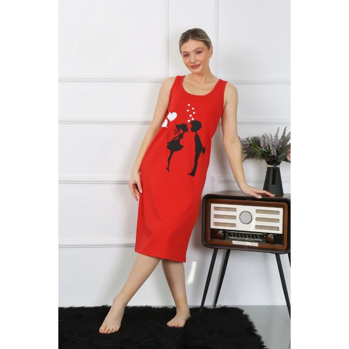 Moda Kadın Kalın Askılı Penye Uzun Kırmızı Gecelik