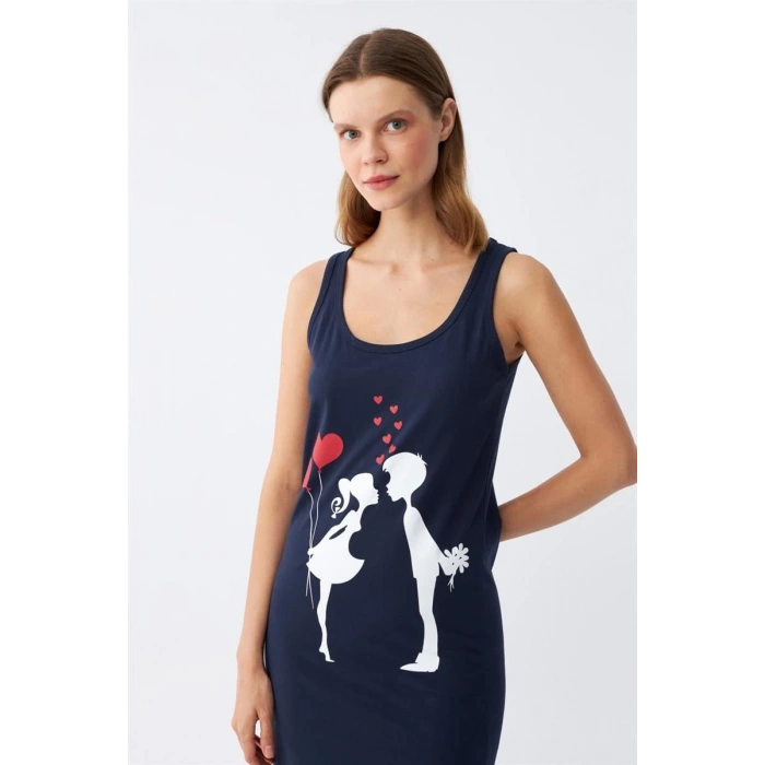 Moda Kadın Kalın Askılı Penye Uzun Lacivert Gecelik