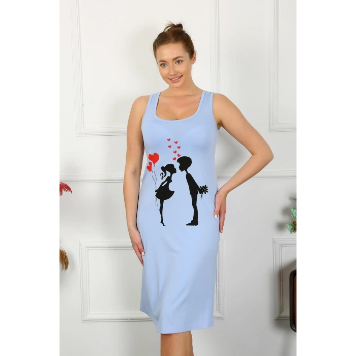 Moda Kadın Kalın Askılı Penye Uzun Mavi Gecelik