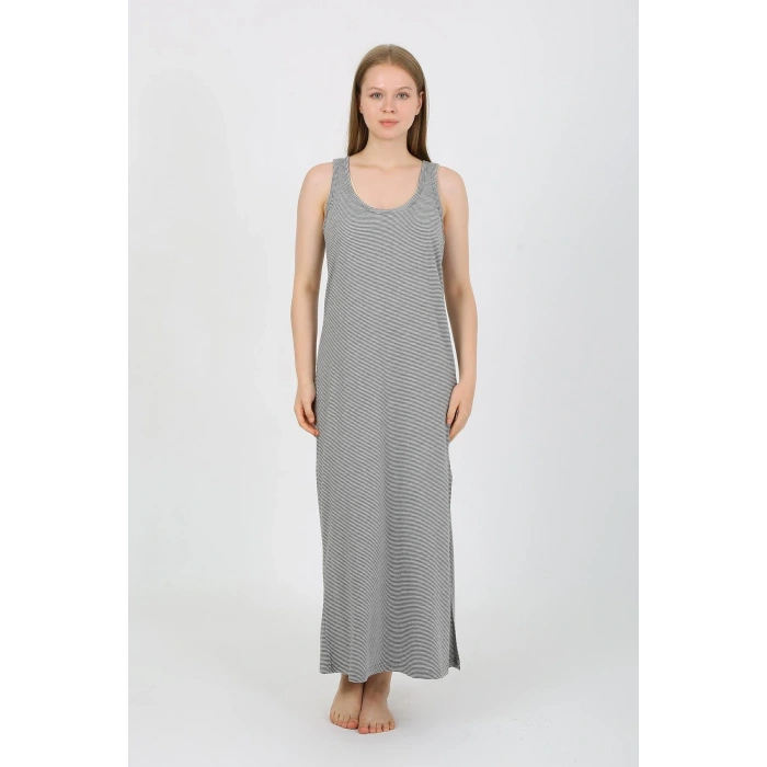 Moda Kadın Kalın Askılı Yırtmaçlı Uzun Gri Gecelik